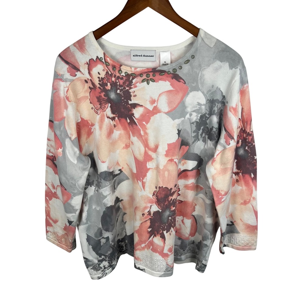 Alfred Dunner Floral Cotton Knit Blouse XL Pink 3/4 Sleeve Top Stretch Casual